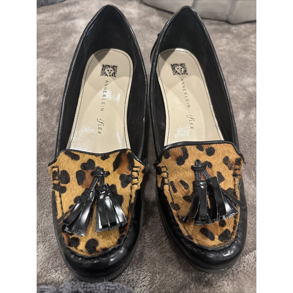 Anne Klein iFlex Women Slip On Loafer Size 6M Black Animal‎ Print Fur Tassels